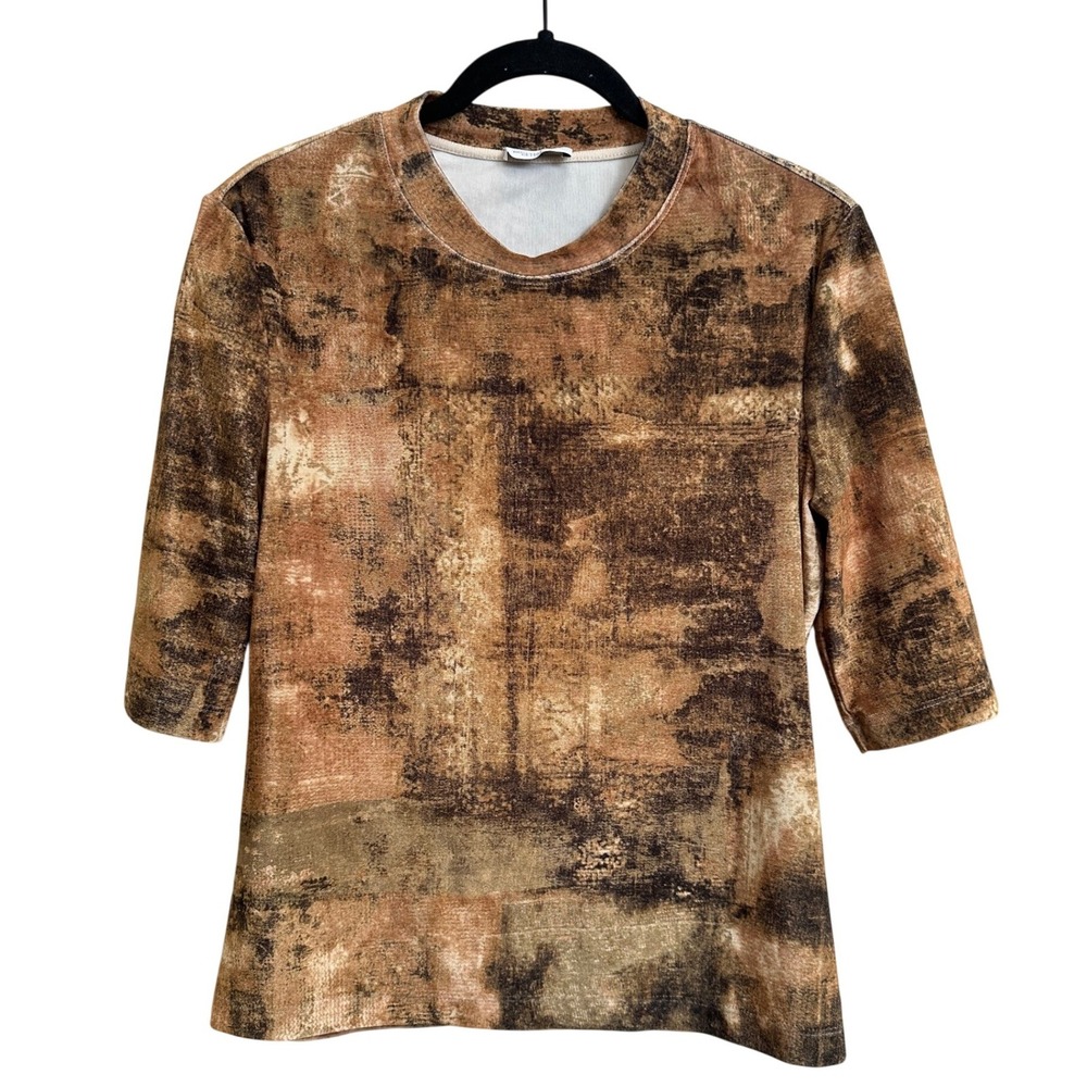 Rosetta Getty Velvet Abstract Print Elbow Sleeve Top Size L Bronze Earthy Chic